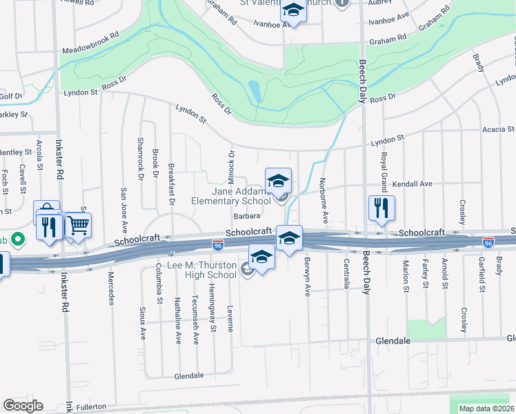 map of restaurants, bars, coffee shops, grocery stores, and more near 14040 Lucerne in Redford Charter Township