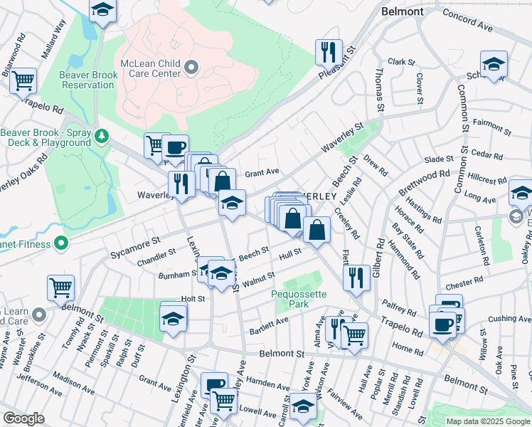 map of restaurants, bars, coffee shops, grocery stores, and more near 24 Hawthorne Street in Belmont