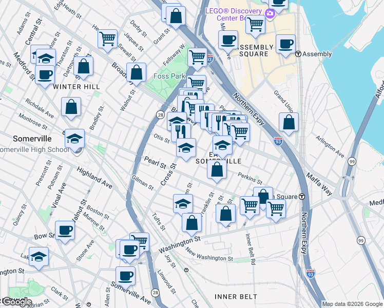 map of restaurants, bars, coffee shops, grocery stores, and more near 7 Ellsworth Street in Somerville