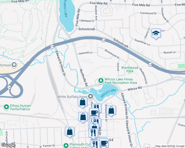 map of restaurants, bars, coffee shops, grocery stores, and more near 42461 Clemons Drive in Plymouth