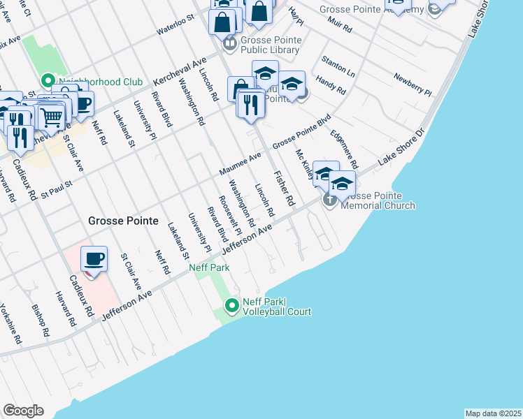 map of restaurants, bars, coffee shops, grocery stores, and more near 251 Lincoln Road in Grosse Pointe