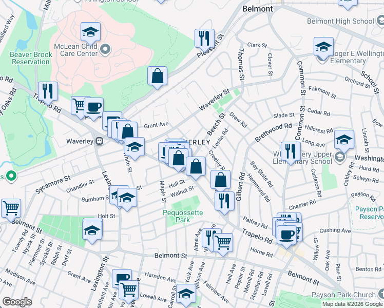 map of restaurants, bars, coffee shops, grocery stores, and more near in Belmont