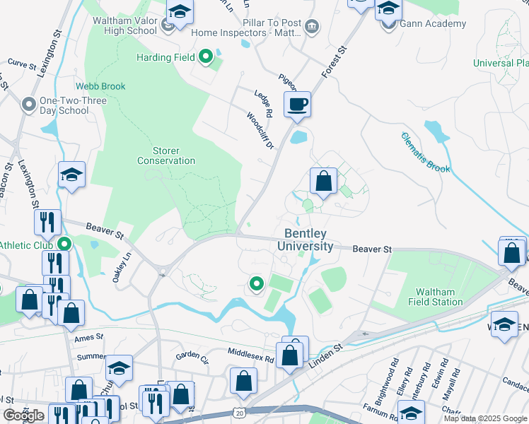 map of restaurants, bars, coffee shops, grocery stores, and more near 175 Forest Street in Waltham