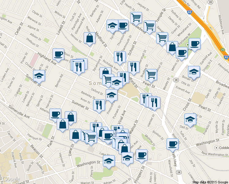 map of restaurants, bars, coffee shops, grocery stores, and more near 1 Westwood Road in Somerville