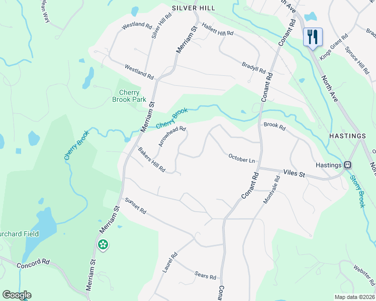 map of restaurants, bars, coffee shops, grocery stores, and more near 56 Arrowhead Road in Weston