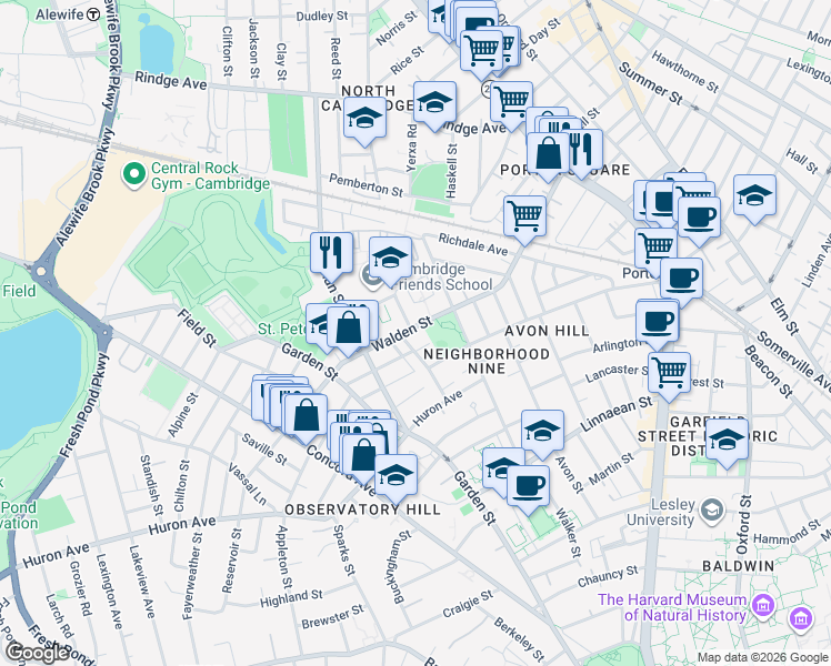 map of restaurants, bars, coffee shops, grocery stores, and more near 2 Lincoln Way in Cambridge