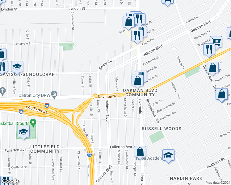 map of restaurants, bars, coffee shops, grocery stores, and more near 13511 Monica Street in Detroit