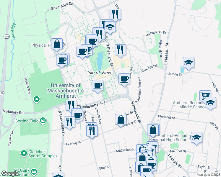 map of restaurants, bars, coffee shops, grocery stores, and more near 121 Presidents Drive in Amherst