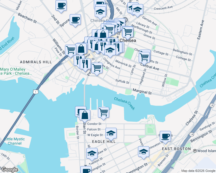 map of restaurants, bars, coffee shops, grocery stores, and more near 90 Marginal Street in Chelsea