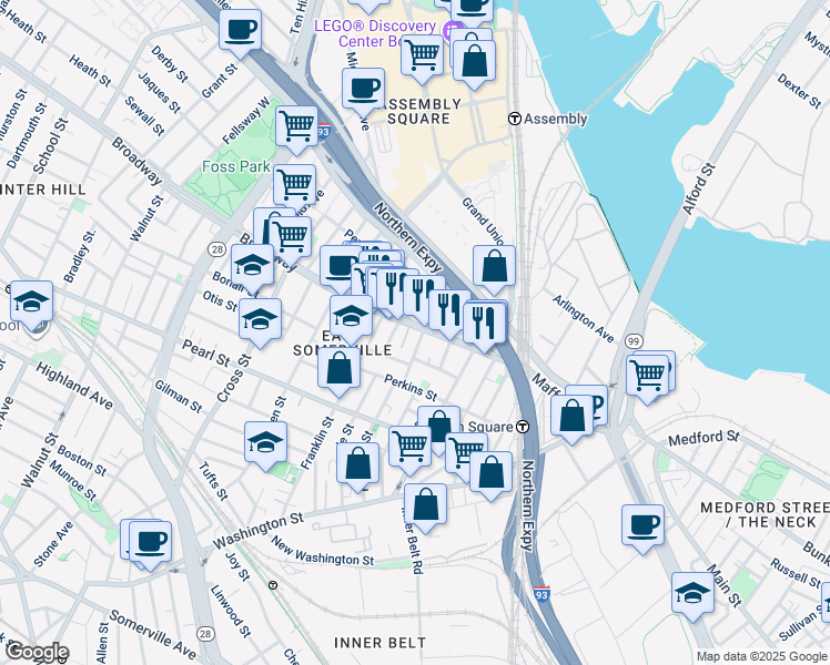 map of restaurants, bars, coffee shops, grocery stores, and more near 59 Broadway in Somerville