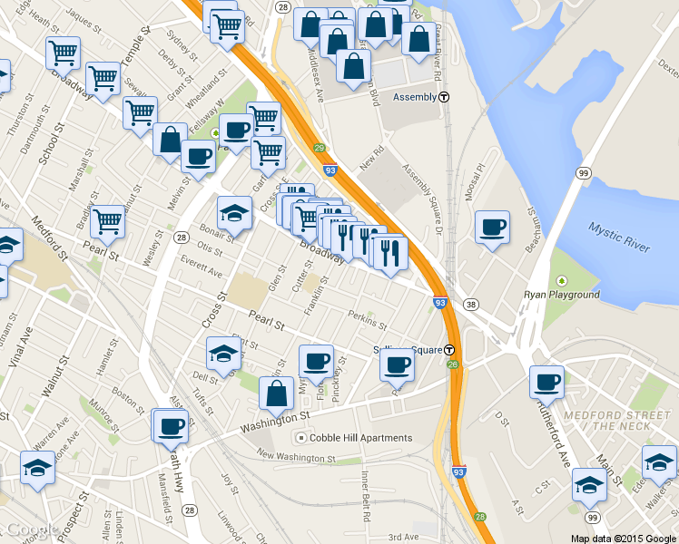 map of restaurants, bars, coffee shops, grocery stores, and more near 80 Broadway in Somerville