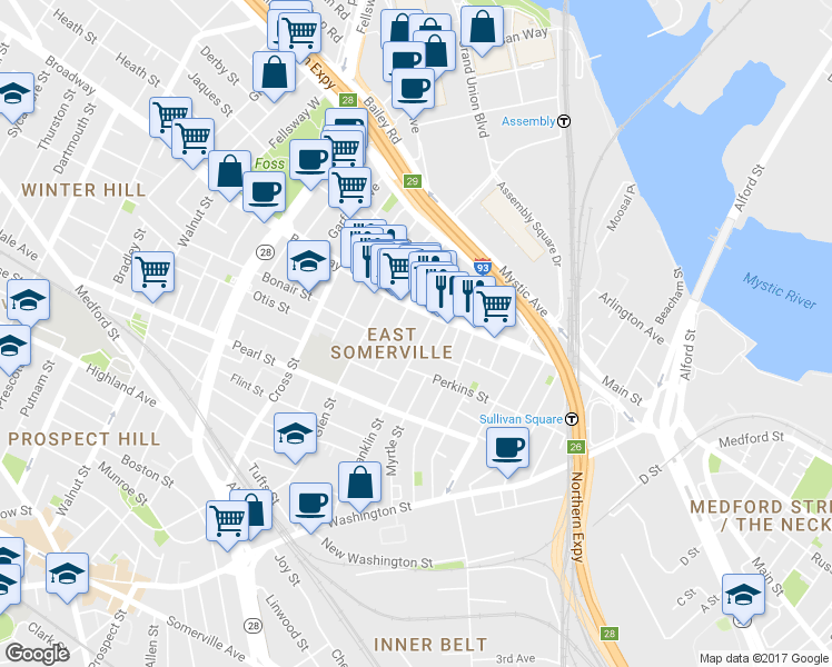 map of restaurants, bars, coffee shops, grocery stores, and more near 10 Cutter Street in Somerville