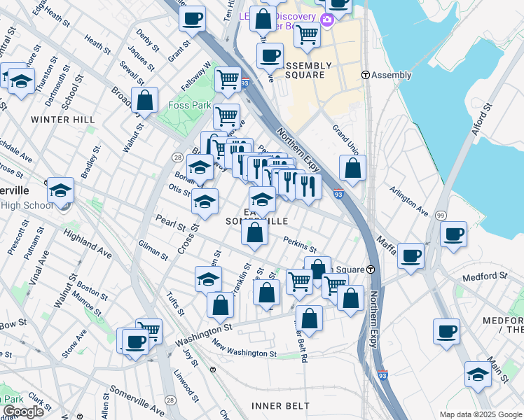 map of restaurants, bars, coffee shops, grocery stores, and more near 10 Cutter Street in Somerville