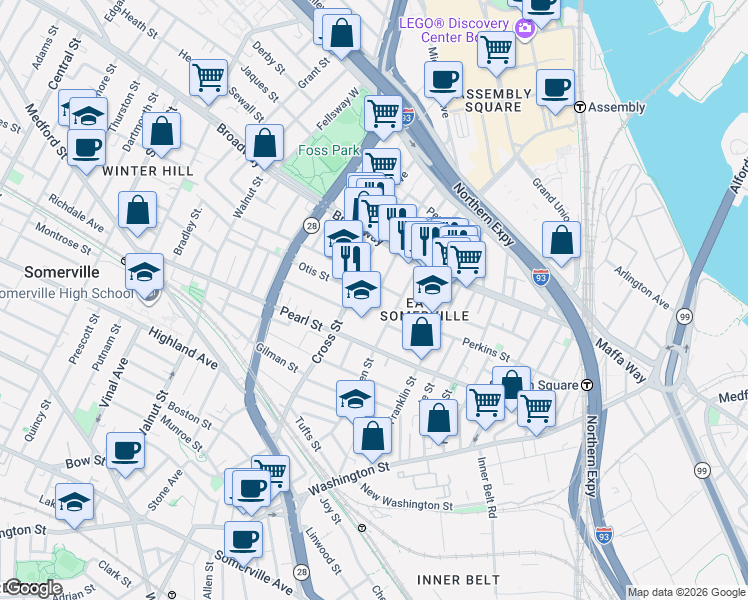 map of restaurants, bars, coffee shops, grocery stores, and more near 7 Ellsworth Street in Somerville