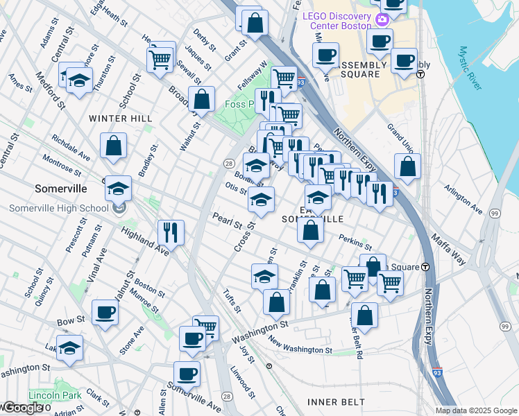 map of restaurants, bars, coffee shops, grocery stores, and more near 7 Ellsworth Street in Somerville