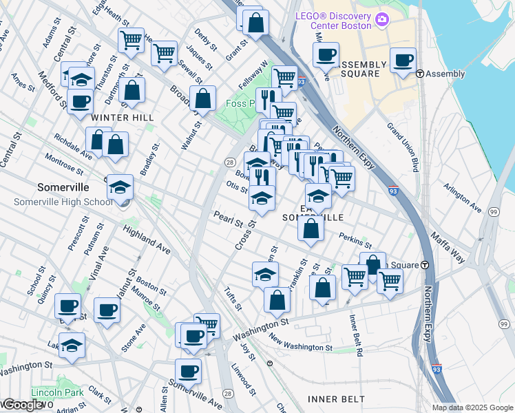 map of restaurants, bars, coffee shops, grocery stores, and more near 13 Everett Avenue in Somerville