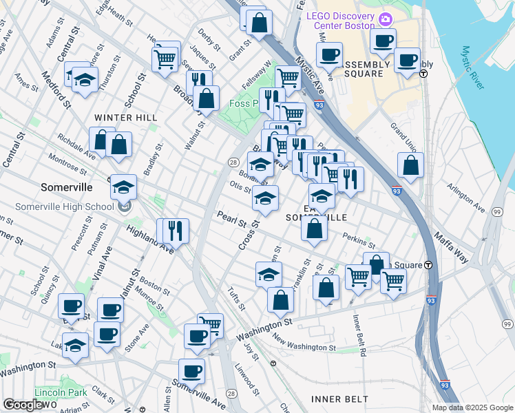 map of restaurants, bars, coffee shops, grocery stores, and more near 13 Everett Avenue in Somerville