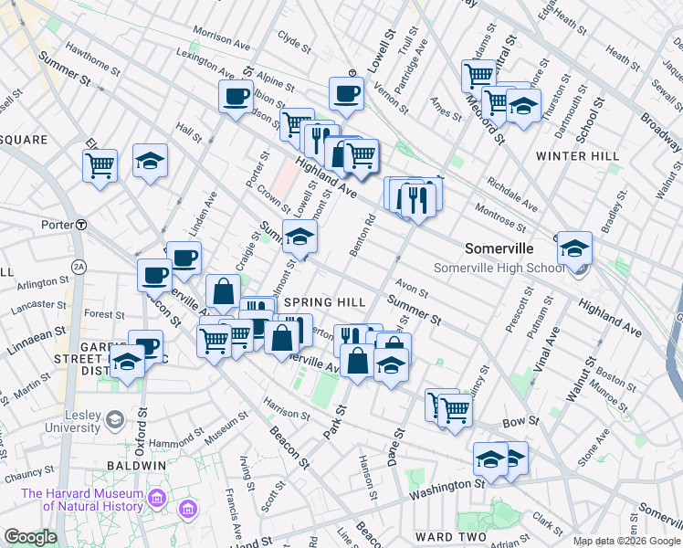 map of restaurants, bars, coffee shops, grocery stores, and more near 182 Summer Street in Somerville