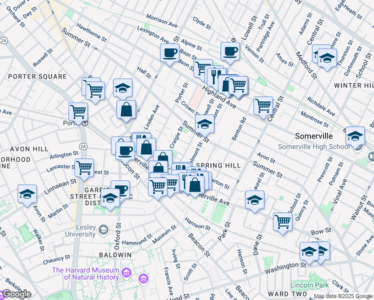 map of restaurants, bars, coffee shops, grocery stores, and more near 74 Lowell Street in Somerville