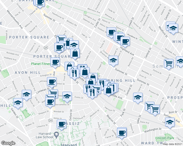 map of restaurants, bars, coffee shops, grocery stores, and more near 42 Craigie Street in Somerville