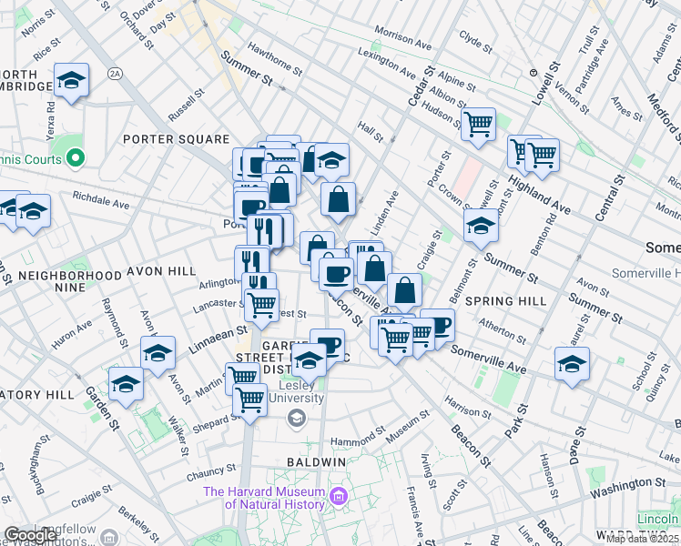 map of restaurants, bars, coffee shops, grocery stores, and more near 36 Elm Street in Somerville