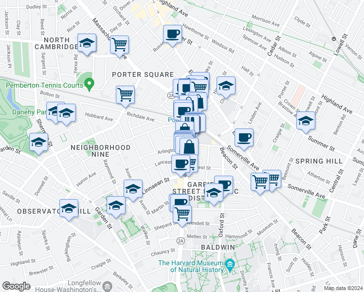 map of restaurants, bars, coffee shops, grocery stores, and more near 1826 Massachusetts Avenue in Cambridge