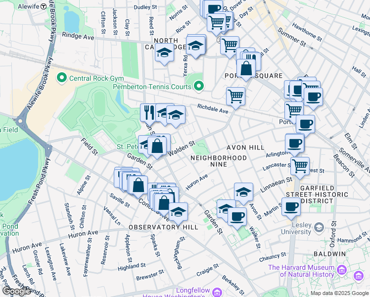 map of restaurants, bars, coffee shops, grocery stores, and more near 2 Lincoln Way in Cambridge