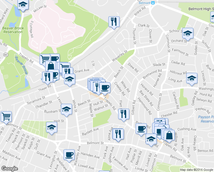map of restaurants, bars, coffee shops, grocery stores, and more near in Belmont