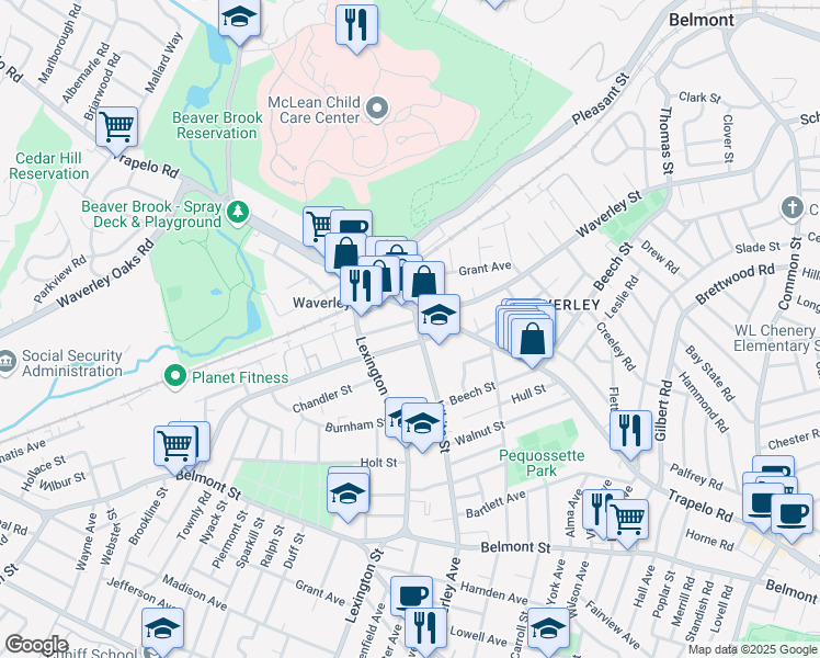 map of restaurants, bars, coffee shops, grocery stores, and more near 466B Trapelo Road in Belmont