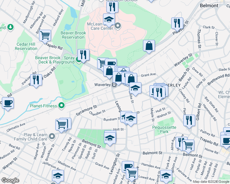 map of restaurants, bars, coffee shops, grocery stores, and more near in Belmont