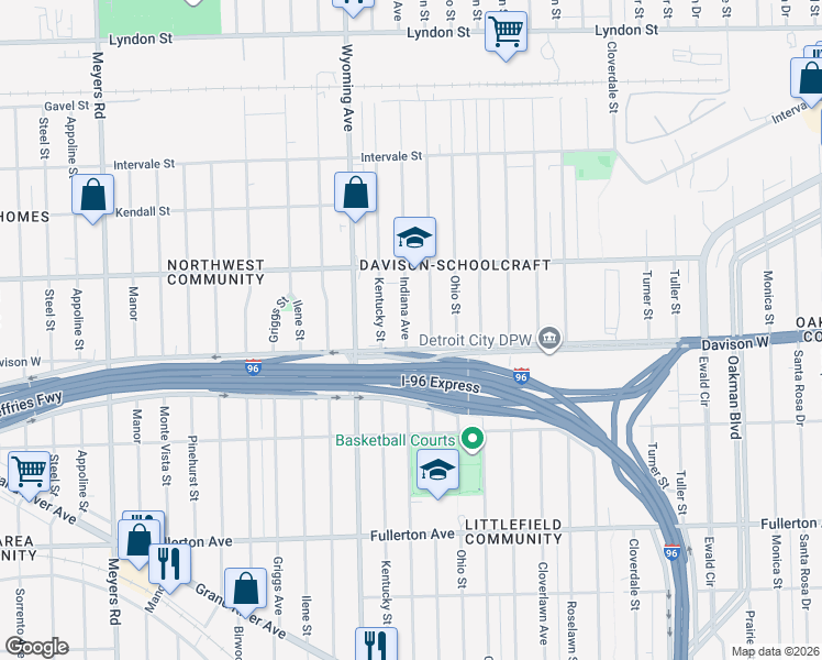 map of restaurants, bars, coffee shops, grocery stores, and more near 13559 Indiana Street in Detroit