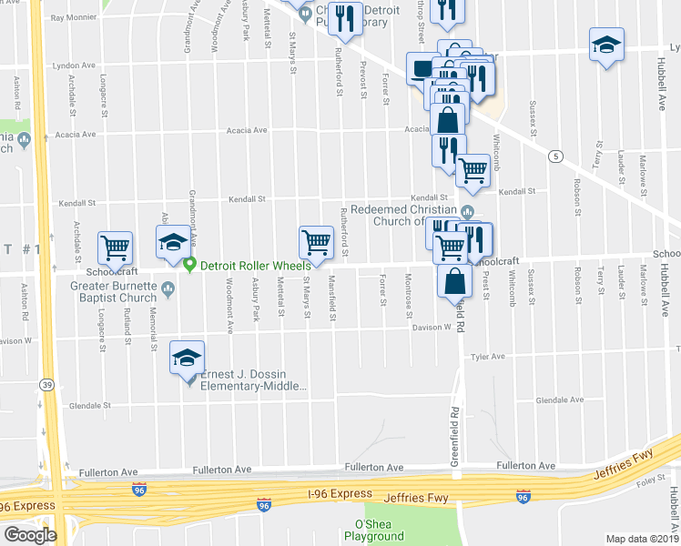 map of restaurants, bars, coffee shops, grocery stores, and more near 16025 Schoolcraft in Detroit