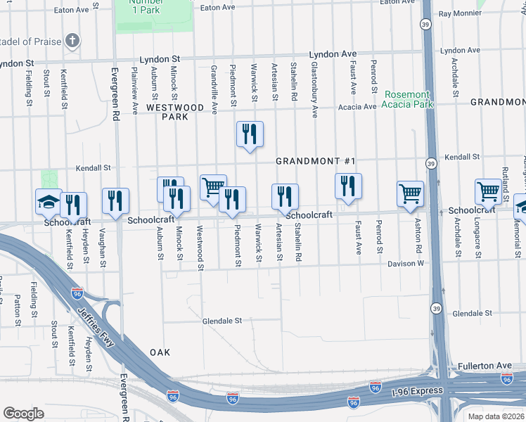 map of restaurants, bars, coffee shops, grocery stores, and more near 13929 Artesian Street in Detroit