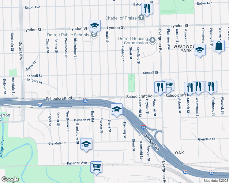 map of restaurants, bars, coffee shops, grocery stores, and more near 13952 Braile Street in Detroit