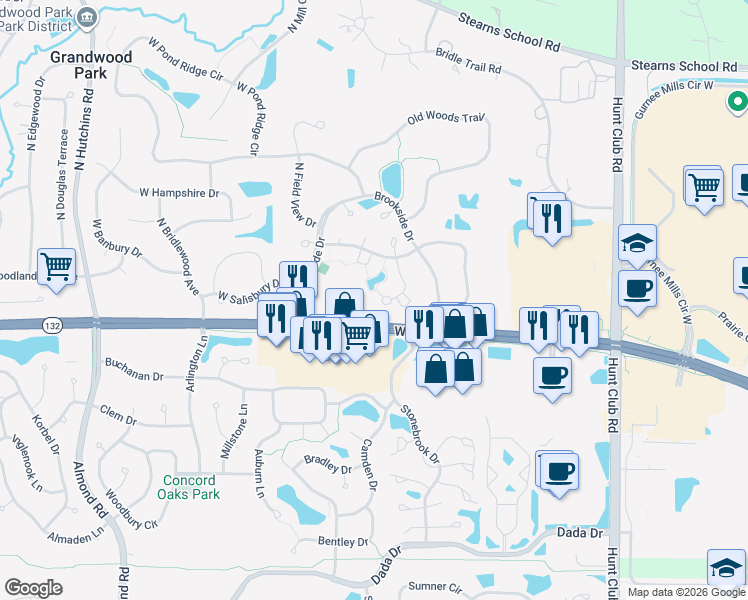 map of restaurants, bars, coffee shops, grocery stores, and more near 36116 North Springbrook Lane in Gurnee
