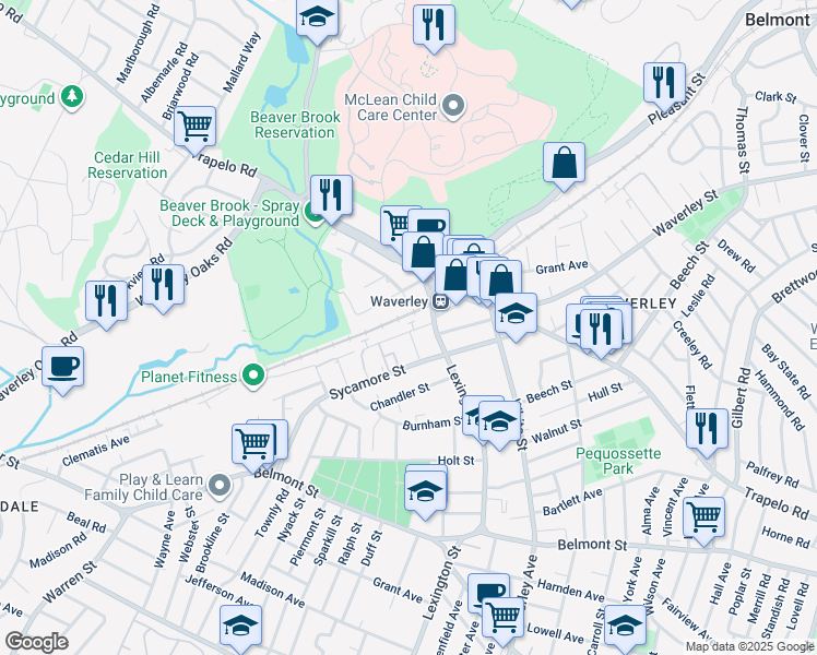map of restaurants, bars, coffee shops, grocery stores, and more near 17 Thayer Road in Belmont
