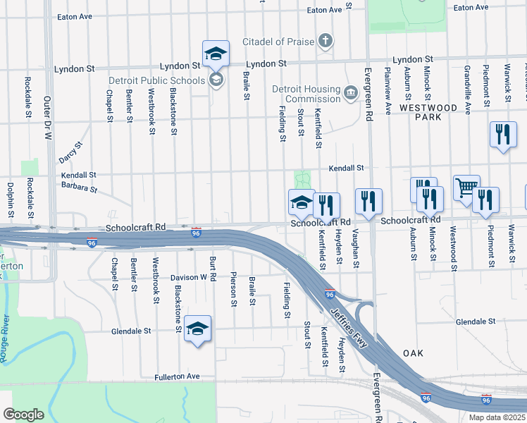 map of restaurants, bars, coffee shops, grocery stores, and more near 13952 Braile Street in Detroit