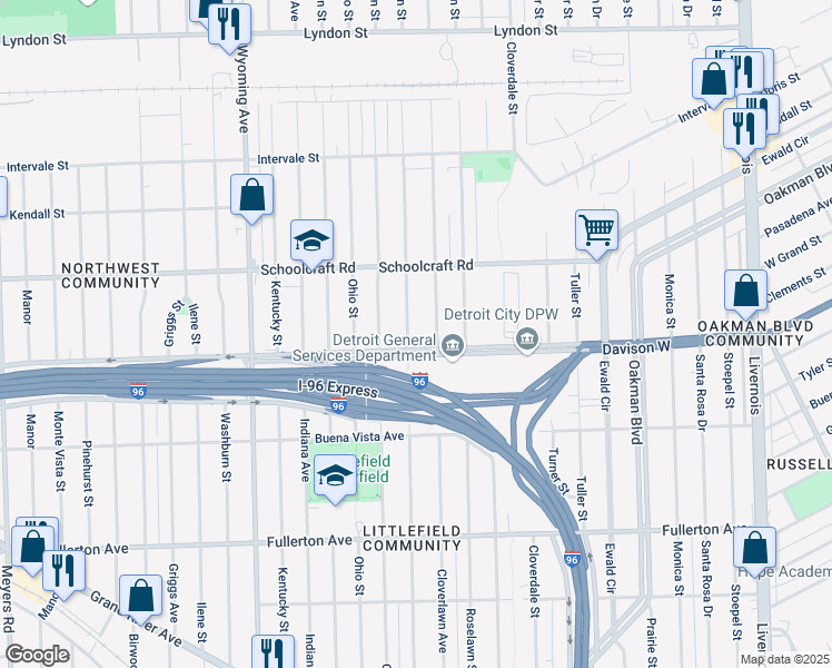 map of restaurants, bars, coffee shops, grocery stores, and more near 13526 Northlawn Street in Detroit