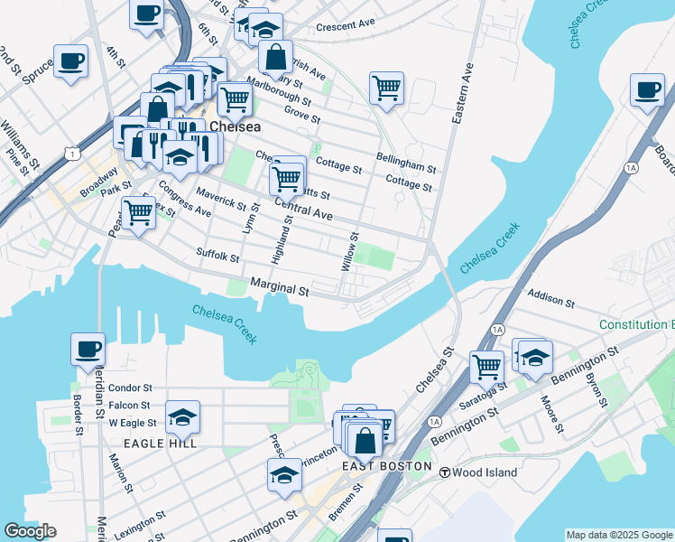 map of restaurants, bars, coffee shops, grocery stores, and more near 22 Willow Street in Chelsea