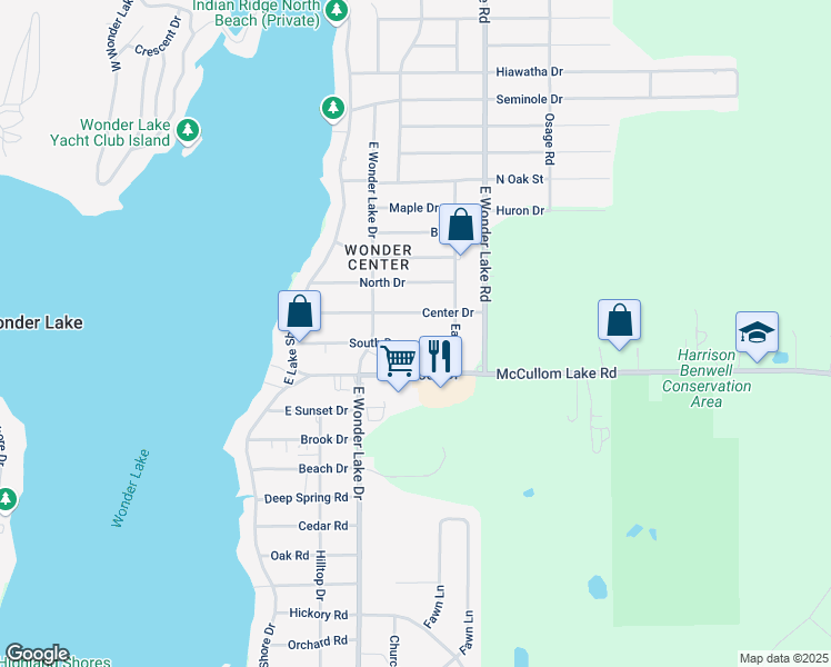 map of restaurants, bars, coffee shops, grocery stores, and more near 7425 Center Drive in Wonder Lake