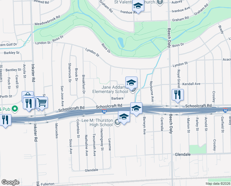 map of restaurants, bars, coffee shops, grocery stores, and more near 14019 Lucerne in Redford Charter Township