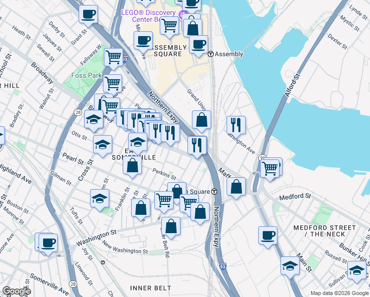 map of restaurants, bars, coffee shops, grocery stores, and more near 13 Broadway in Somerville