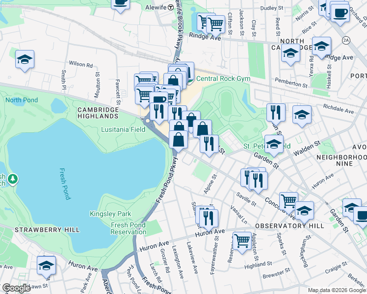 map of restaurants, bars, coffee shops, grocery stores, and more near 483 Concord Avenue in Cambridge