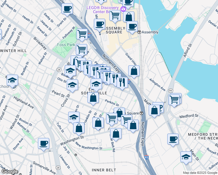 map of restaurants, bars, coffee shops, grocery stores, and more near 80 Broadway in Somerville