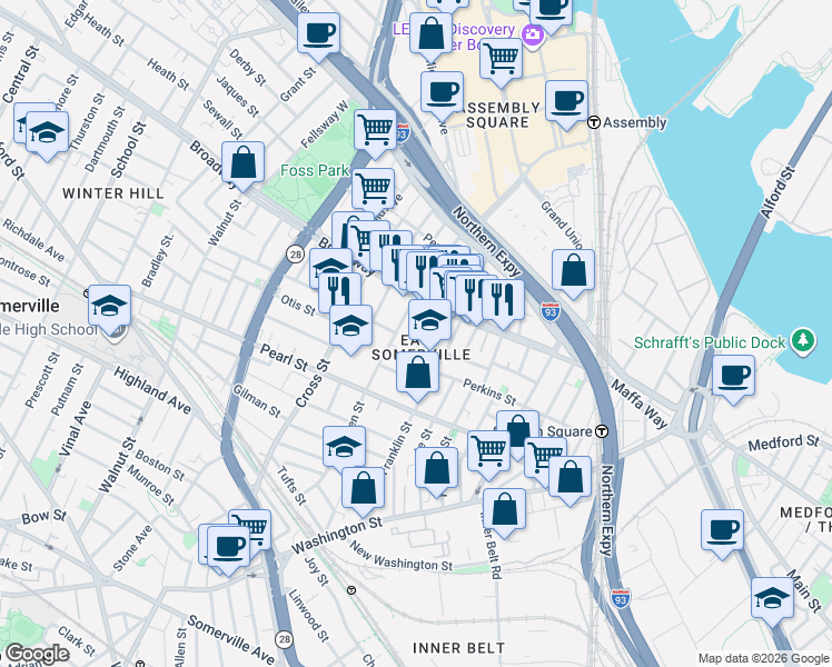 map of restaurants, bars, coffee shops, grocery stores, and more near 10 Cutter Street in Somerville