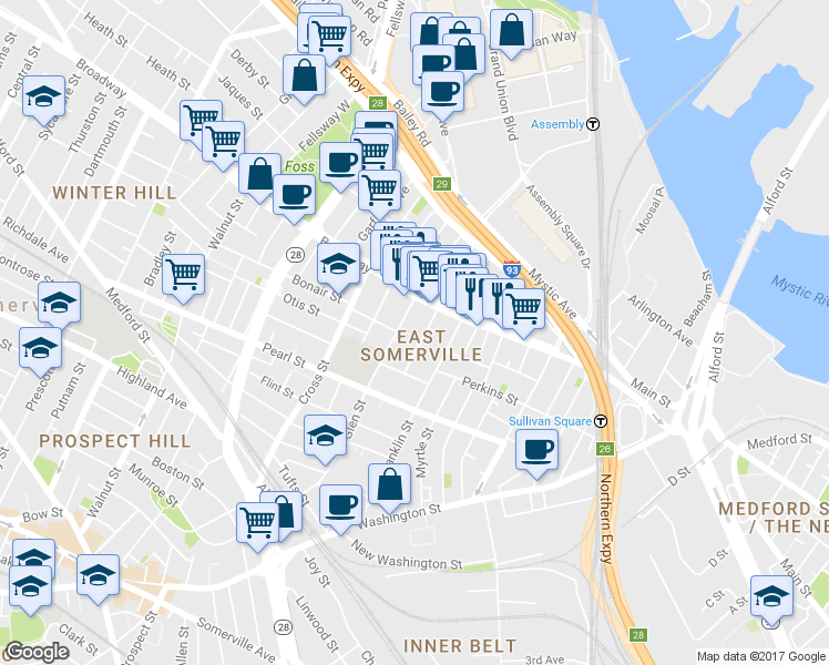 map of restaurants, bars, coffee shops, grocery stores, and more near 10 Cutter Street in Somerville