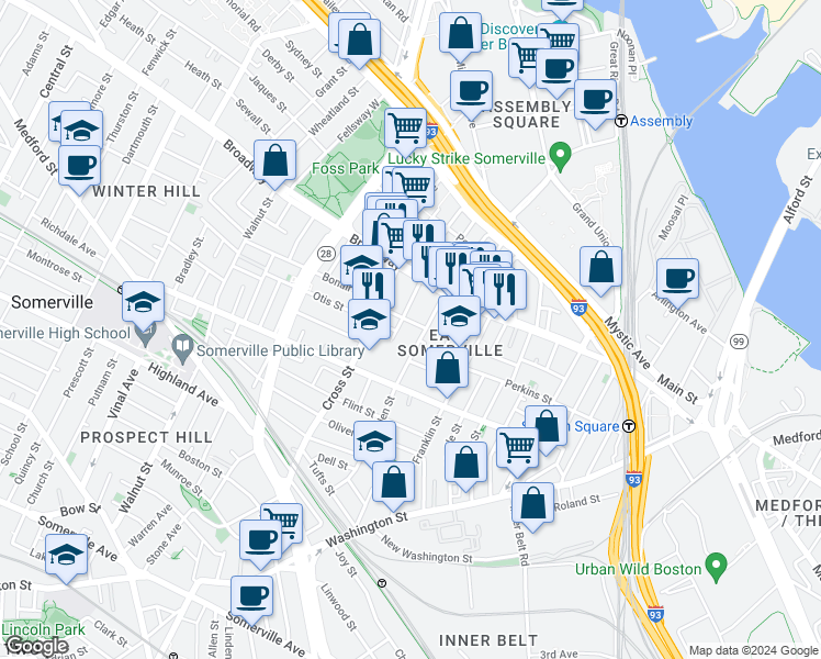 map of restaurants, bars, coffee shops, grocery stores, and more near 27 Glen Street in Somerville