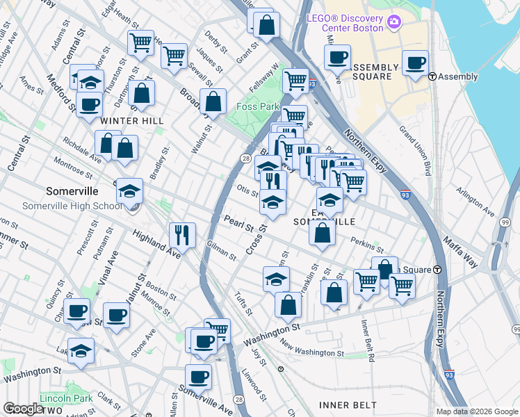 map of restaurants, bars, coffee shops, grocery stores, and more near 13 Everett Avenue in Somerville
