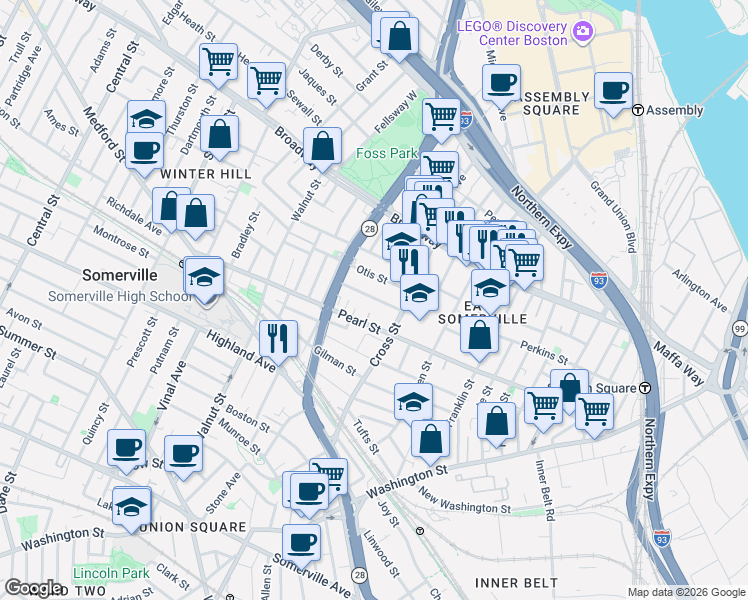 map of restaurants, bars, coffee shops, grocery stores, and more near 13 Everett Avenue in Somerville