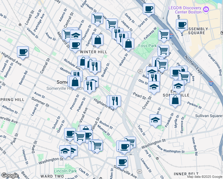 map of restaurants, bars, coffee shops, grocery stores, and more near 202 Pearl Street in Somerville
